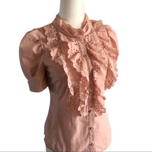 Roem Peach Button Down Blouse with Cut Out Lace Bib Size S